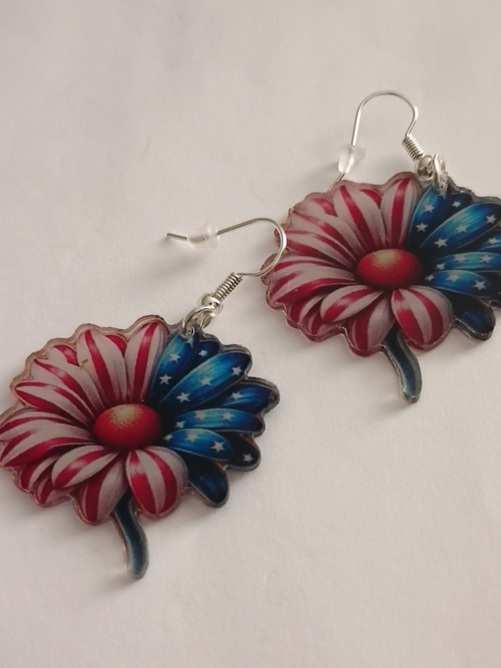 Patriotic Red, White & Blue Daisy Drop Earrings